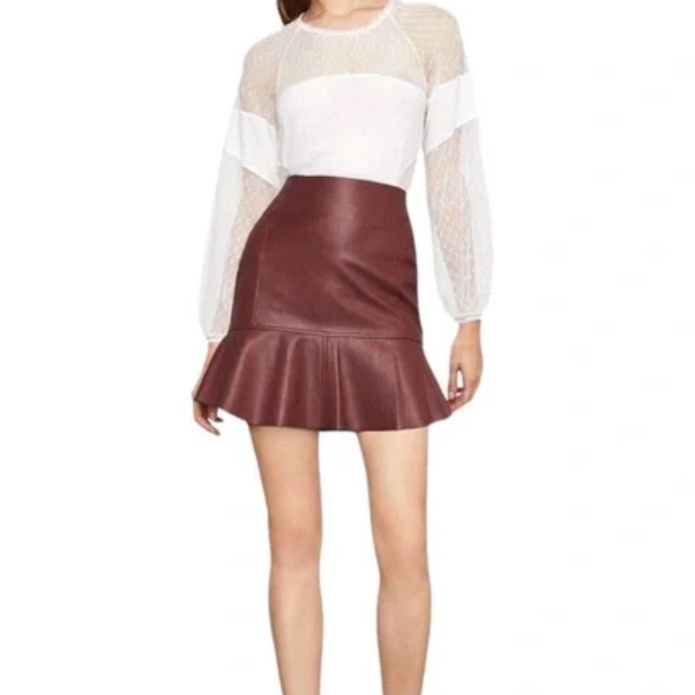 BCBGMaxAzria Ruffled Peplum Mini Skirt‎ Moto Biker BurgundyVegan Faux Leather XS